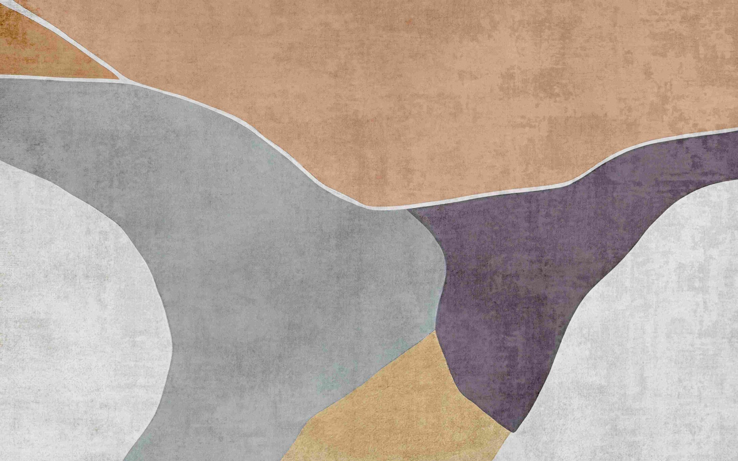 Apstraktan dezen tepisona u sivim, bež, belim i ljubičastim tonovima sa modernim geometrijskim linijama.