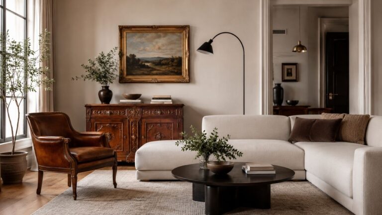 Elegantna dnevna soba koja kombinuje vintage i moderan stil enterijera, sa starinskim drvenim komadima, kožnom foteljom, modernom sofom i toplim prirodnim osvetljenjem.