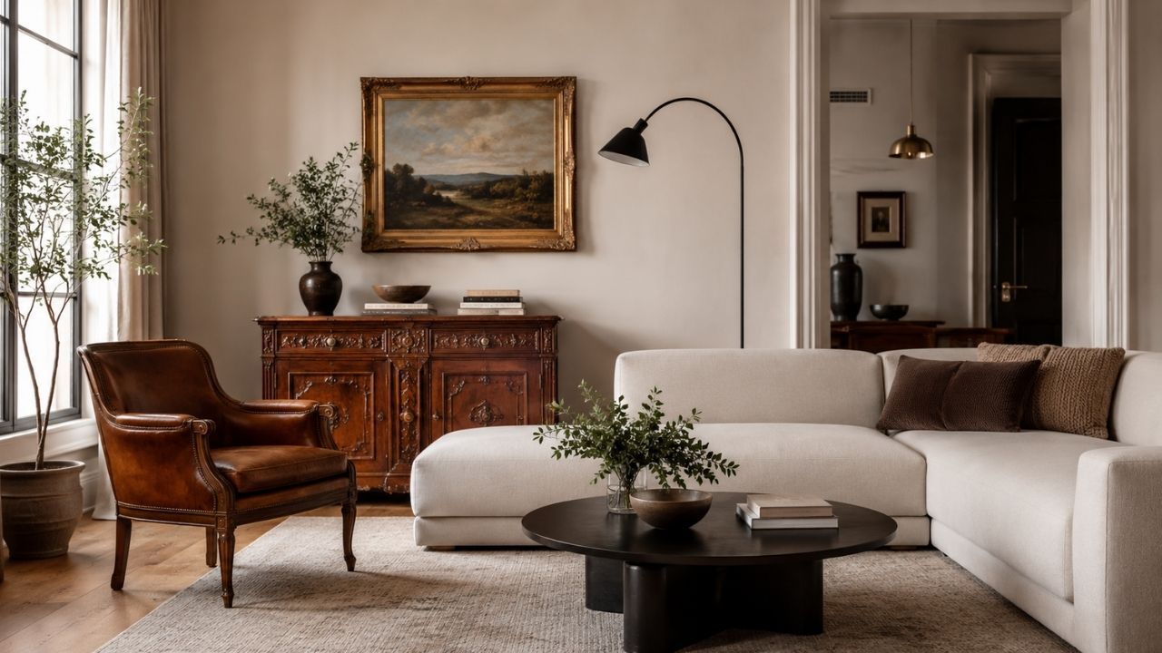 Elegantna dnevna soba koja kombinuje vintage i moderan stil enterijera, sa starinskim drvenim komadima, kožnom foteljom, modernom sofom i toplim prirodnim osvetljenjem.