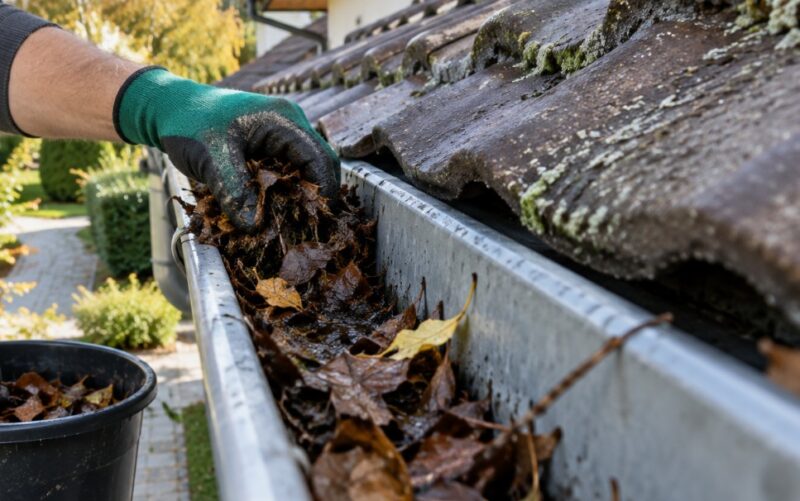 Čišćenje metalnog oluka od nagomilanog mokrog lišća rukom u zaštitnoj rukavici, uz ivicu krova prekrivenog crepom